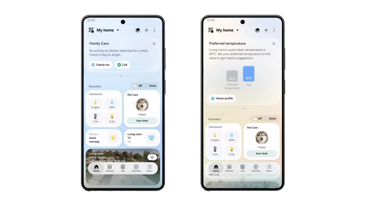 Samsung SmartThings uygulamasının yeni tasarımını gösteren iki telefon ekranı