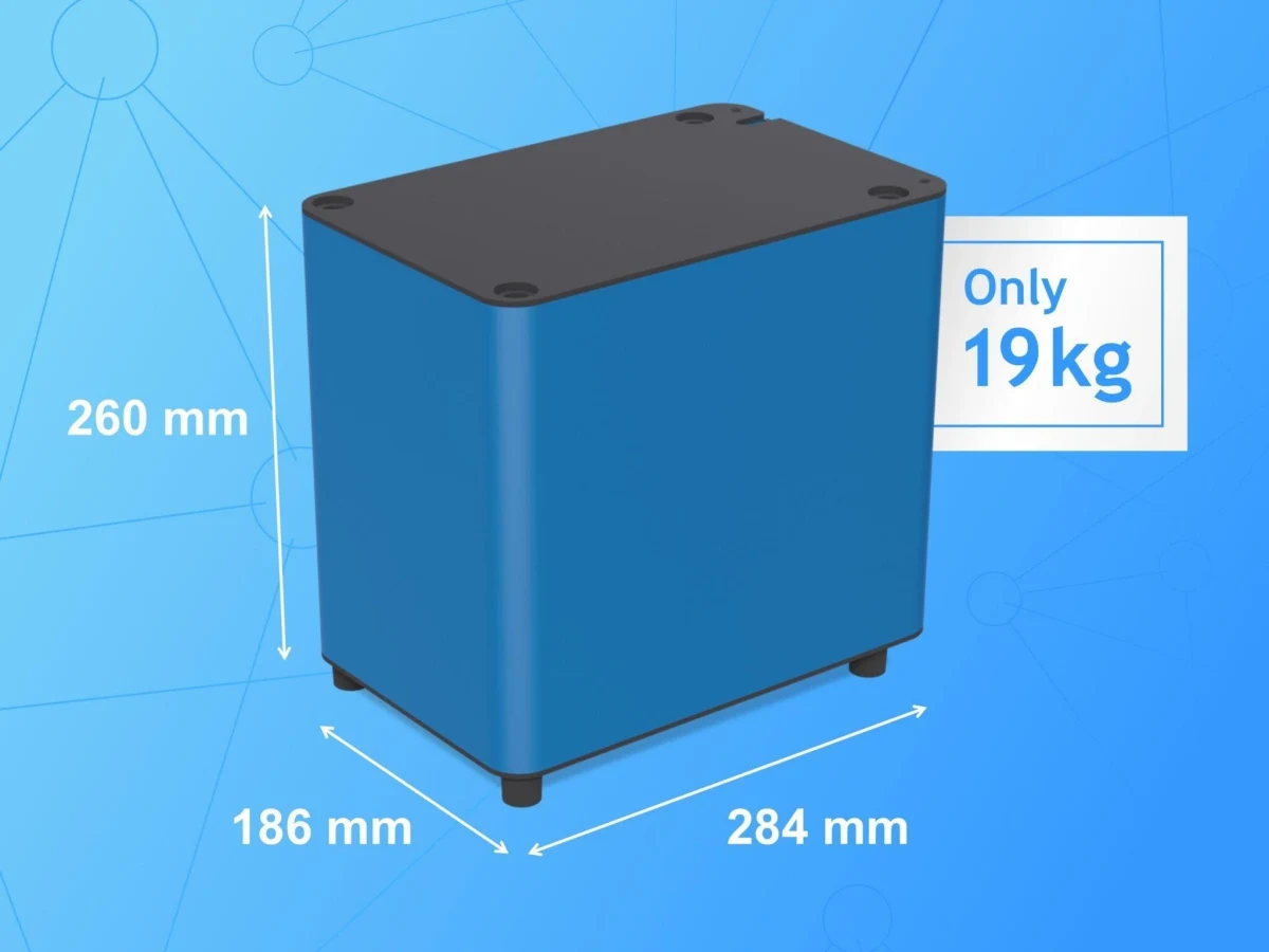 Mavi bataryanın görsel üzerinde belirtilen ölçüleri: 260, 186 ve 284 mm; yanında 19 kg bilgisi