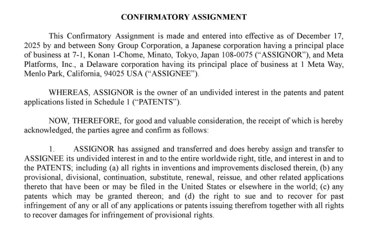 Sony Group ile Meta arasındaki patent devrine ilişkin Confirmatory Assignment belgesinin ilk sayfası
