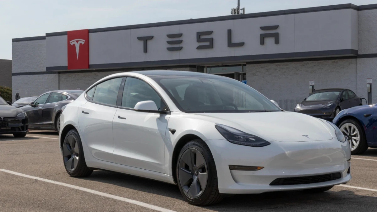 Tesla mağazası önünde park etmiş beyaz bir Tesla otomobil