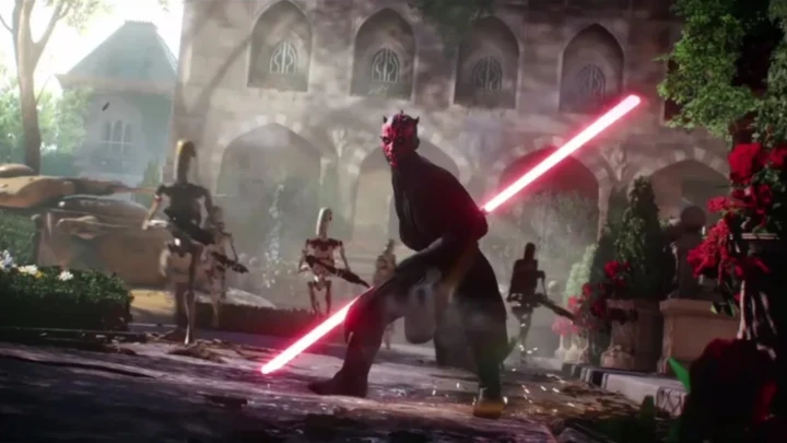 Star Wars temalı bir oyun sahnesinde kırmızı ışın kılıcı taşıyan bir karakter ve çevresindeki savaşçılar