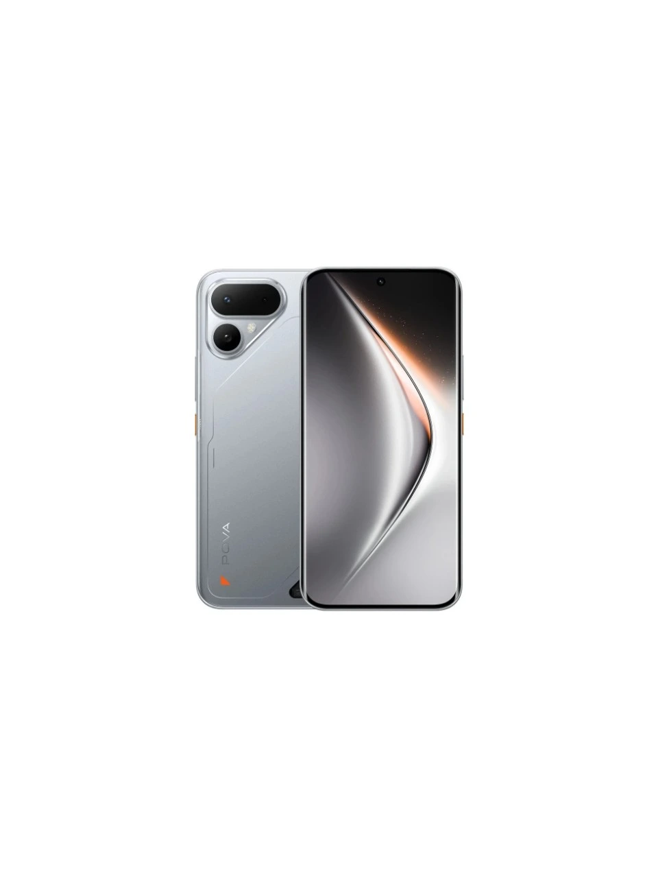Gümüş grisi TECNO POVA Curve 2 5G’nin ön ve arka görünümü