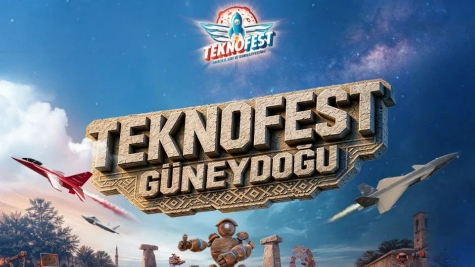 TEKNOFEST Güneydoğu yazılı festival görselinde gökyüzünde uçaklar ve etkinlik logosu