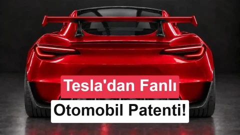 Kırmızı spor otomobilin arkadan görünümü ve Tesla’nın fanlı otomobil patentine ilişkin yazı