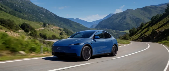 Dağlık bir yolda ilerleyen mavi Tesla otomobili