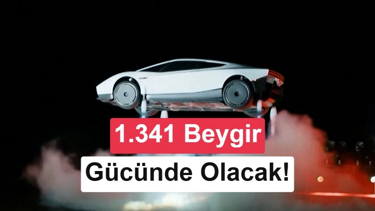 Tesla Roadster, basınçlı hava itişiyle havalanırken görünüyor; görselde 1.341 beygir güce ilişkin yazı yer alıyor