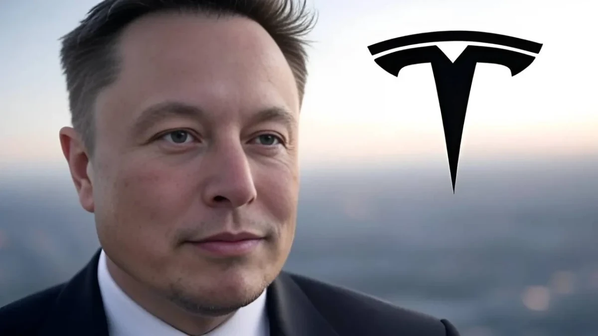 Elon Musk portresi ve yanında Tesla logosu