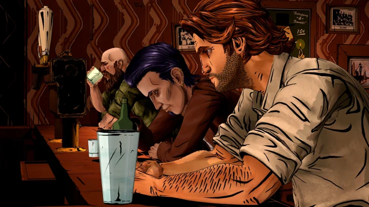 The Wolf Among Us oyunundan bir sahnede Bigby Wolf ve diğer karakterler bir mekânda oturuyor.