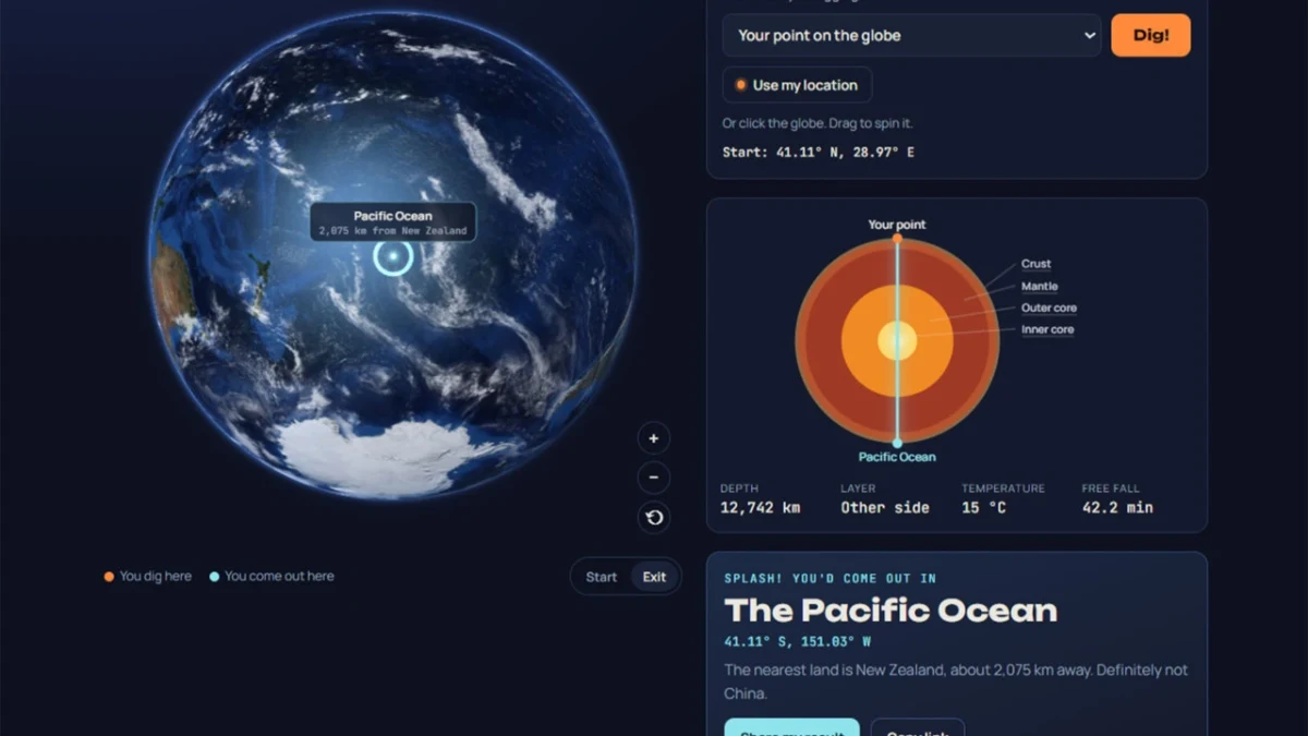 ThroughEarth sitesinde Dünya üzerindeki karşı nokta ve gezegenin iç yapısı görselleştiriliyor.