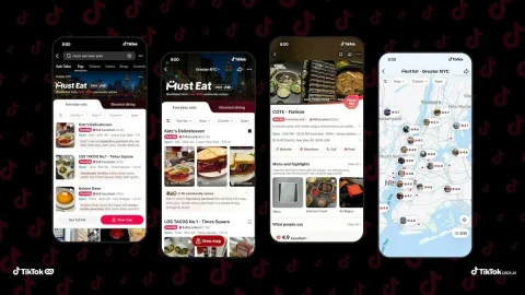 TikTok Must Eat yemek rehberindeki restoran listeleri ve harita ekranlarını gösteren tanıtım görseli