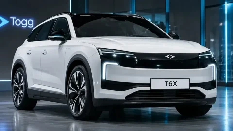 Kapalı bir alanda sergilenen beyaz TOGG T6X otomobili