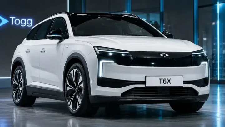 Kapalı bir alanda sergilenen beyaz TOGG T6X otomobili