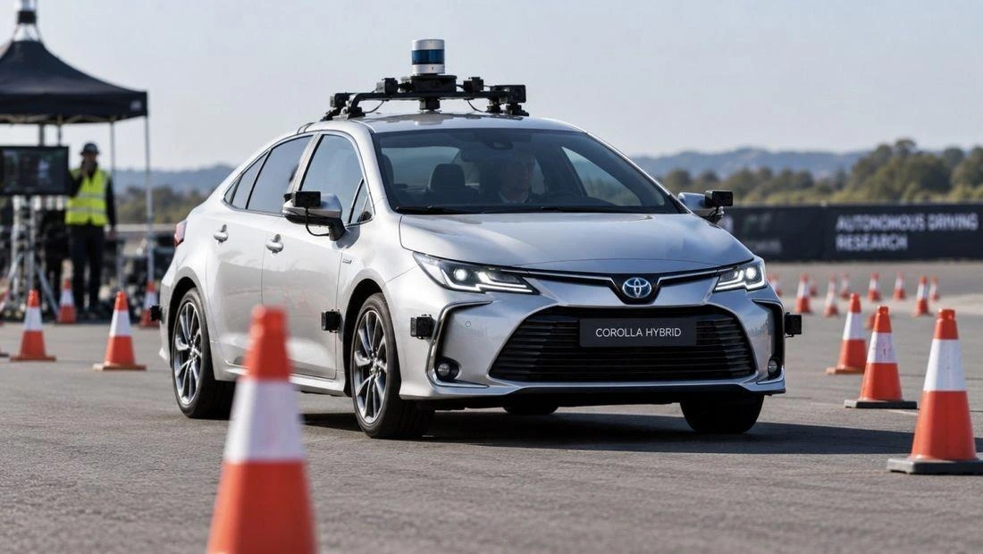 Konilerle çevrili alanda kamera ve sensör donanımlı Toyota Corolla