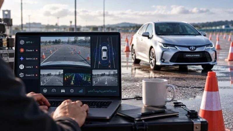 Test bilgisayarının başında çalışan kişi ve koniler arasında ilerleyen Toyota Corolla