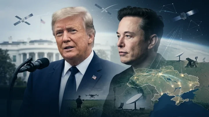 Donald Trump ve Elon Musk’ın portreleri, uydu ve Ukrayna haritası görseliyle bir arada