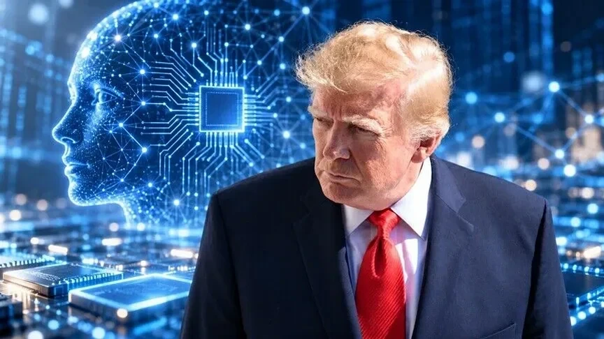 Donald Trump, dijital bir beyin ve devre desenleri önünde görülüyor