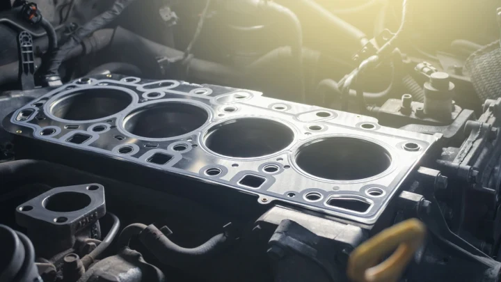 Otomobil motorunun metal silindir kapağı ve motor bileşenleri