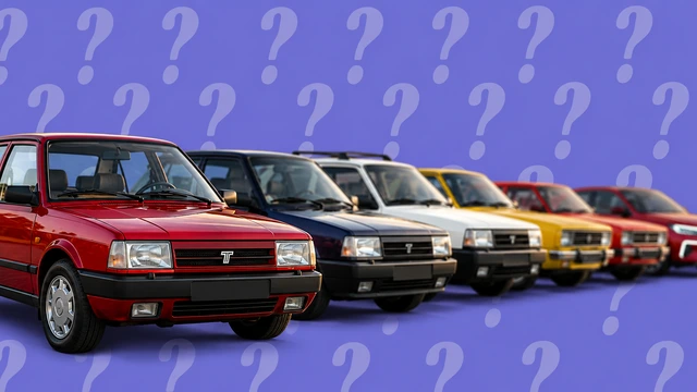 Farklı dönemlerden Türkiye’de tanınan otomobiller mor soru işaretli fon önünde sıralanıyor