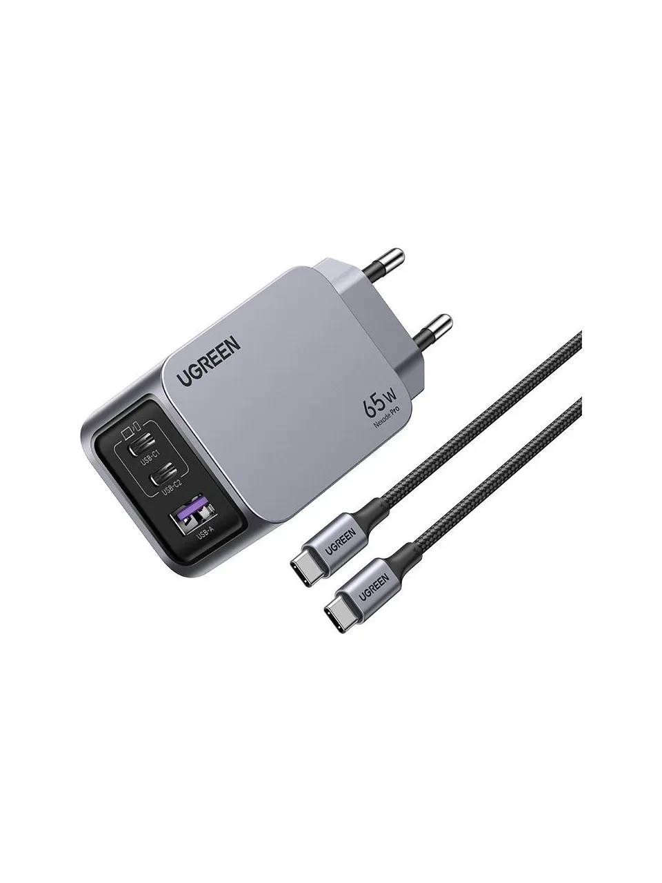 UGREEN Nexode Pro 65W adaptör ve iki USB-C kablosu