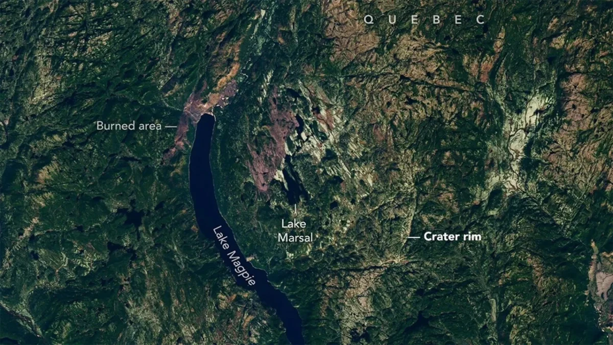 Quebec’te Marsal Gölü çevresindeki krater yapısını gösteren uydu görüntüsü