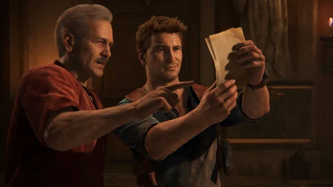 Nathan Drake ve Sully, Uncharted oyunundan bir sahnede bir haritayı inceliyor.