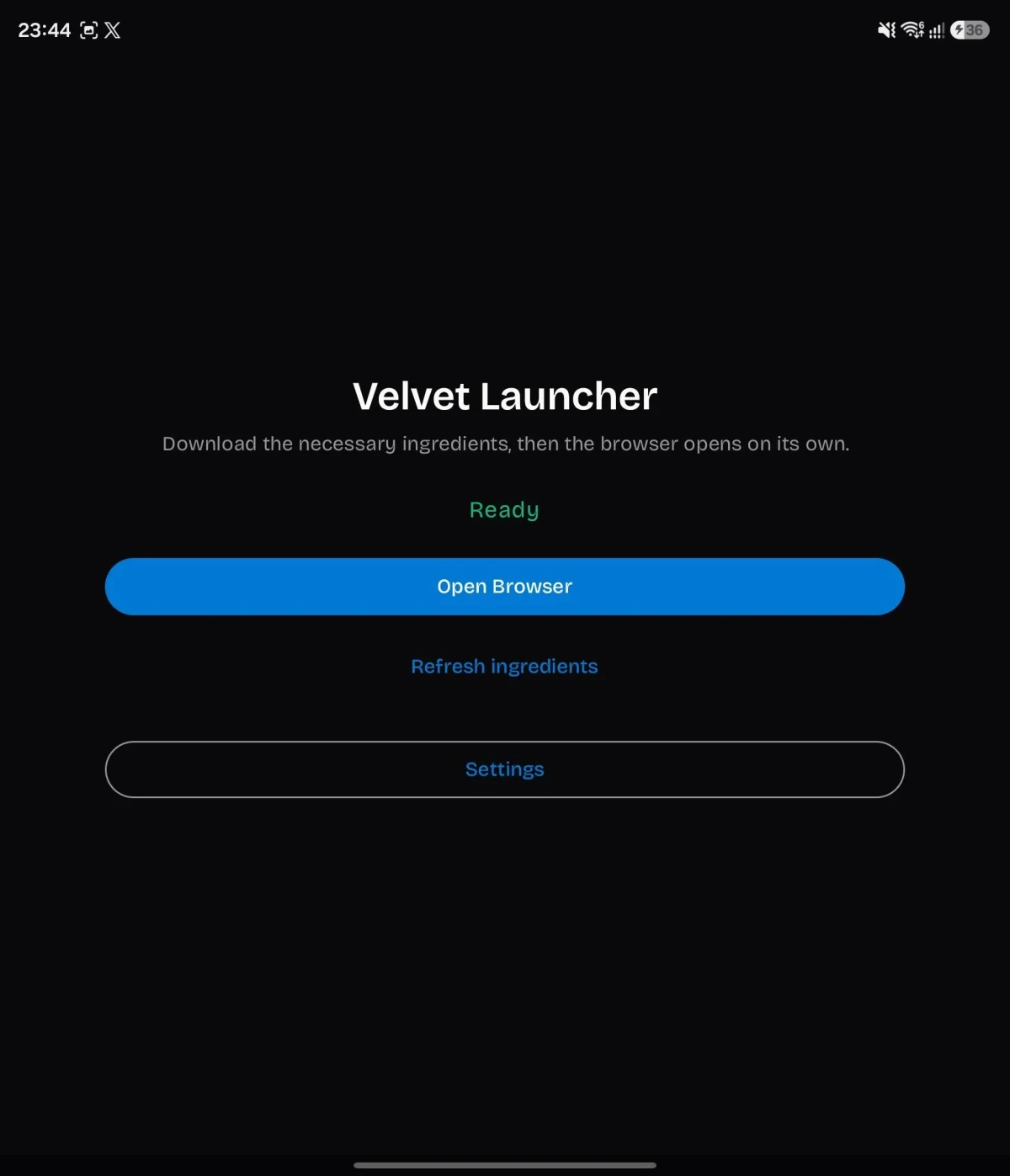 Velvet Launcher uygulamasının tarayıcıyı açma ve ayarlar seçeneklerini gösteren ekranı