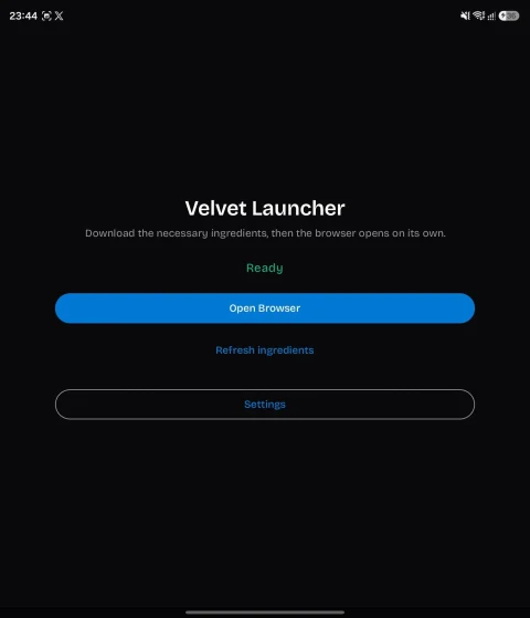 Velvet Launcher uygulamasının tarayıcıyı açma ve ayarlar seçeneklerini gösteren ekranı