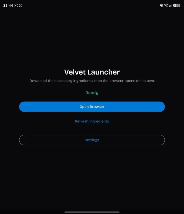 Velvet Launcher uygulamasının tarayıcıyı açma ve ayarlar seçeneklerini gösteren ekranı