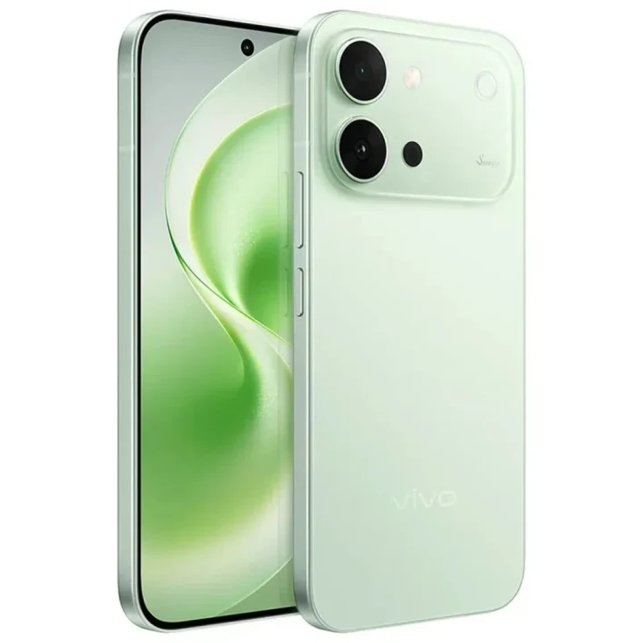 Açık yeşil renkli Vivo telefonun ön ve arka yüzü