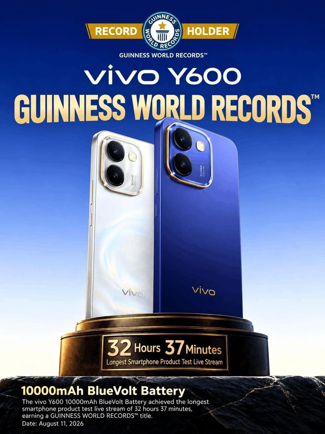 Guinness Dünya Rekorları görselinde beyaz ve mavi Vivo Y600 telefonları; 32 saat 37 dakikalık canlı yayın rekoru belirtiliyor