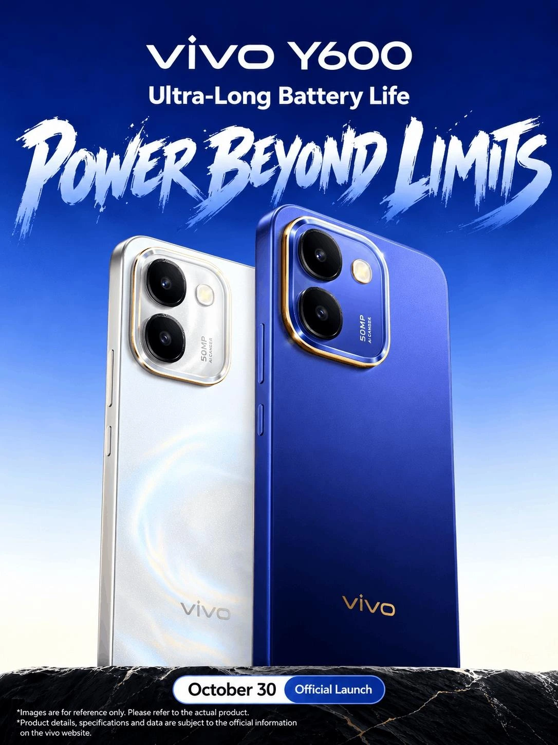 Beyaz ve mavi Vivo Y600 telefonlarının pil ömrünü vurgulayan ürün tanıtım görseli