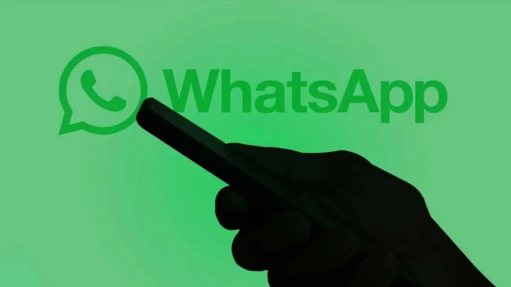 WhatsApp logosu önünde akıllı telefon kullanan bir kişinin silüeti