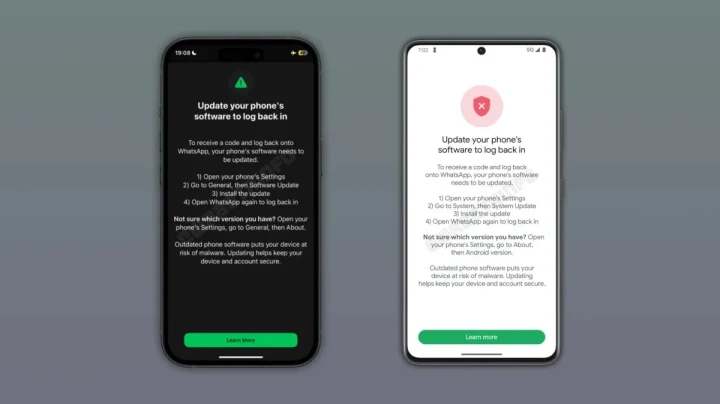 İki telefonda WhatsApp’a yeniden giriş için telefon yazılımının güncellenmesini isteyen uyarı ekranları