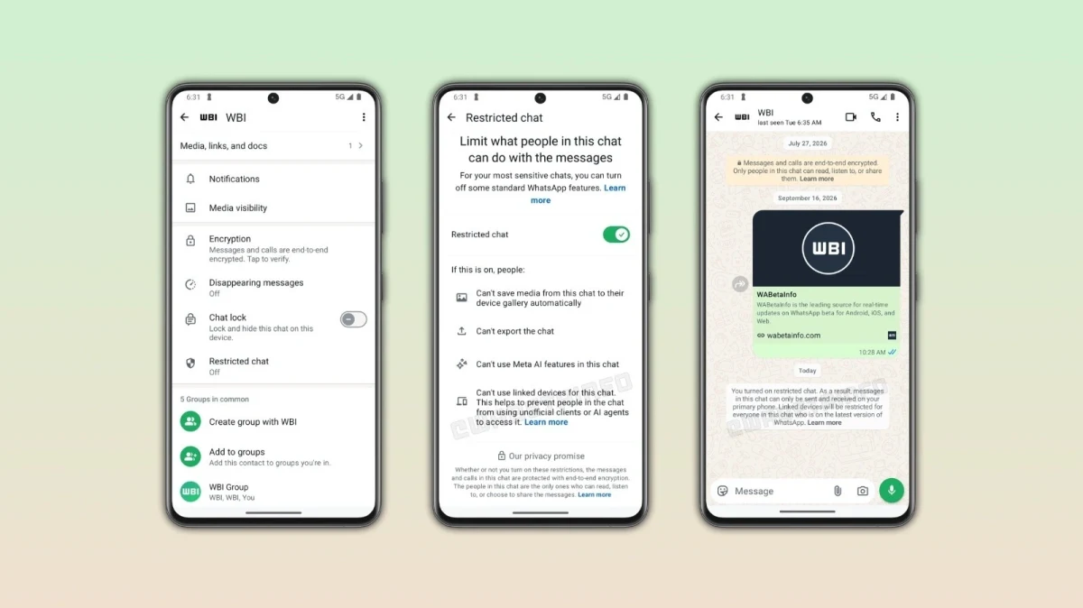 WhatsApp Kısıtlı Sohbet seçeneklerini ve bir sohbet ekranını gösteren telefon arayüzleri