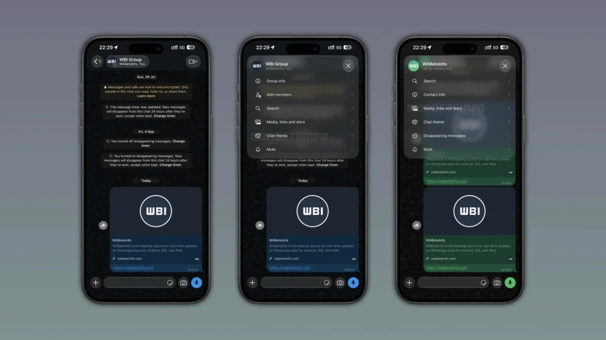 Üç telefonda WhatsApp sohbet ekranı ve Liquid Glass tasarımlı menü seçenekleri