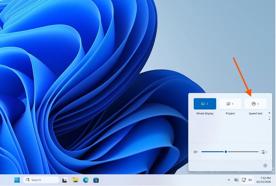 Windows 11 Hızlı Ayarlar menüsündeki Speed test kutucuğu