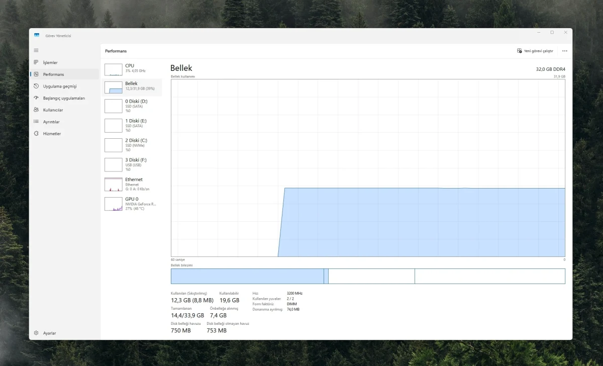 Windows Görev Yöneticisi’nde bellek kullanım grafiği ve RAM bilgileri