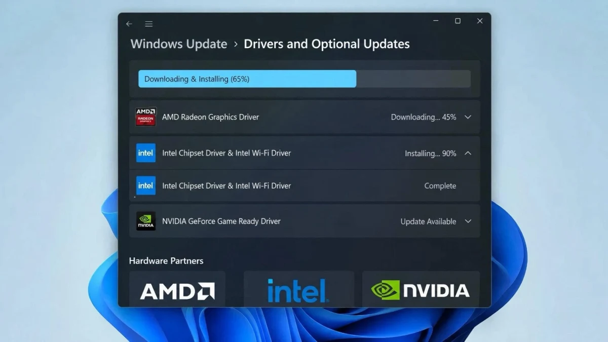 Windows Update ekranında AMD, Intel ve NVIDIA sürücü güncellemeleri listeleniyor