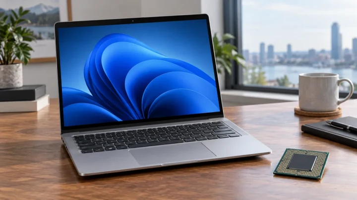 Masa üzerinde Windows 11 ekranı açık bir dizüstü bilgisayar ve yanında işlemci
