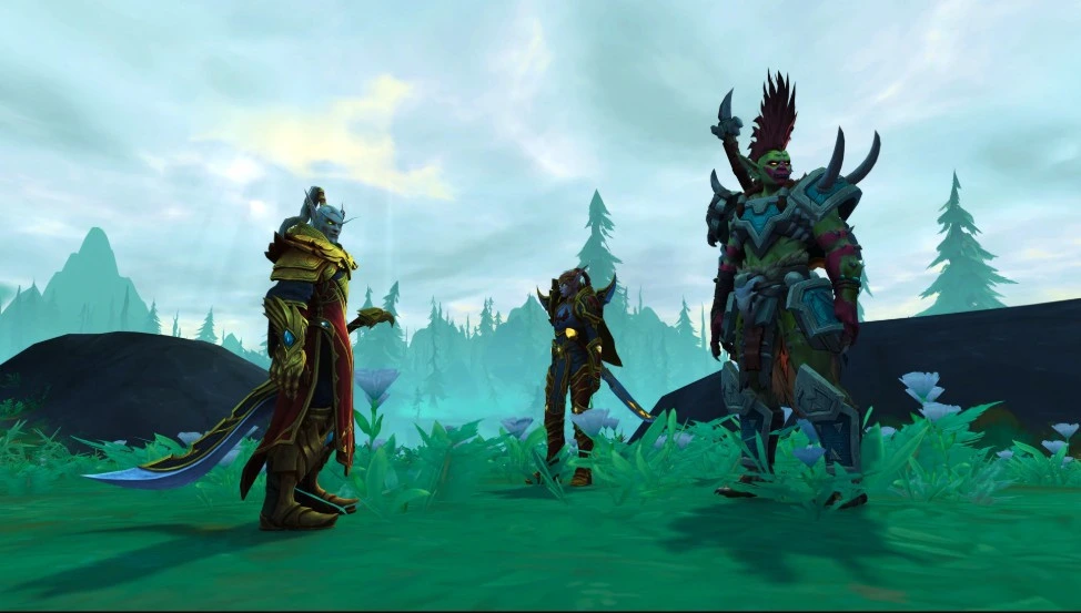 World of Warcraft’ta açık arazide duran üç zırhlı karakter