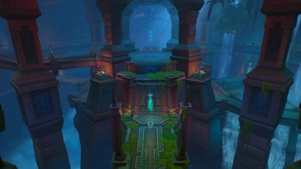 World of Warcraft’ta taş sütunlar ve mavi ışıklarla aydınlanan kapalı bir keşif alanı