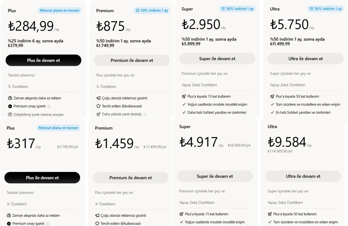 X Plus, X Premium, X Super ve X Ultra planlarının indirimli ve normal fiyatlarını gösteren tablo