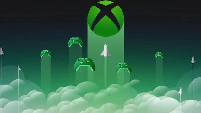 Yeşil Xbox logosu ve bulutların üzerinde yükselen oyun kumandaları