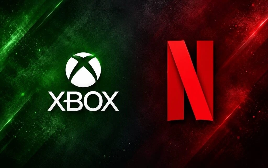 Yeşil ve kırmızı arka plan üzerinde yan yana Xbox ve Netflix logoları