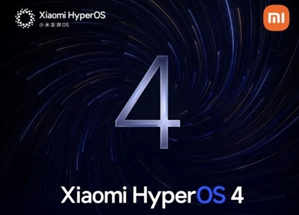 Koyu arka plan üzerinde Xiaomi HyperOS 4 logosu ve 4 rakamı