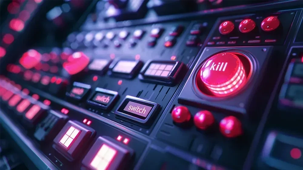 Kontrol panelinde kırmızı acil durdurma düğmesi