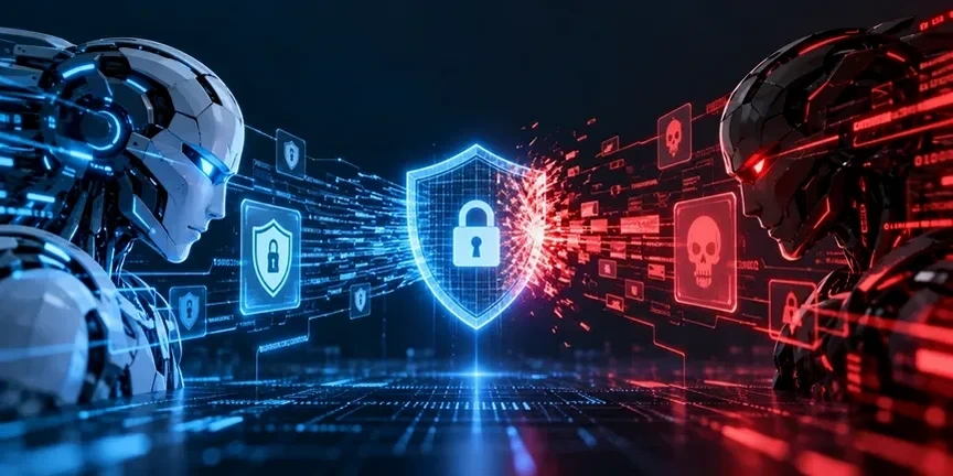 Mavi ve kırmızı tonlarda karşı karşıya gelen robotlar arasında kilit simgeli kalkan