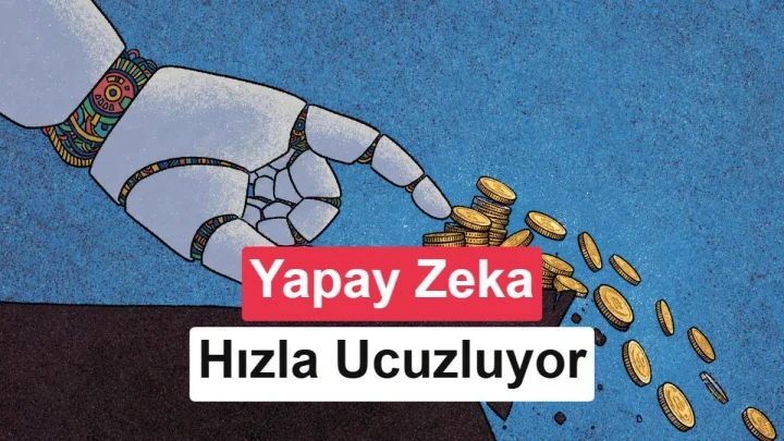 Yapay zekâyı simgeleyen robot elin madeni paralara uzandığı, maliyet düşüşünü anlatan illüstrasyon