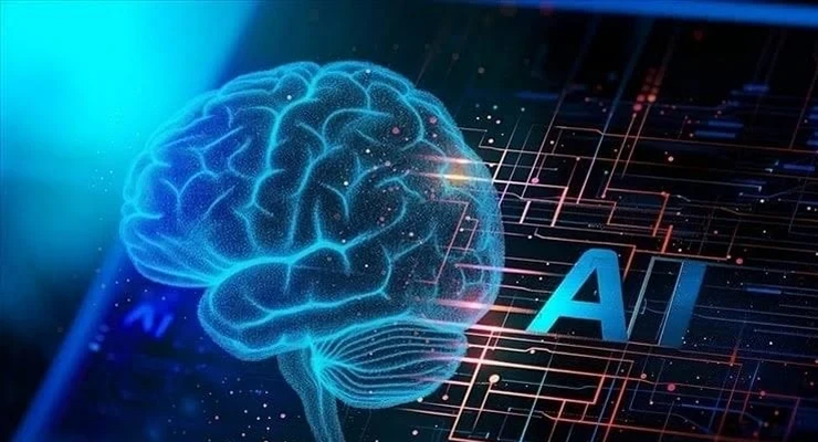 Devre izleri üzerinde yapay zeka simgesi ve dijital beyin illüstrasyonu