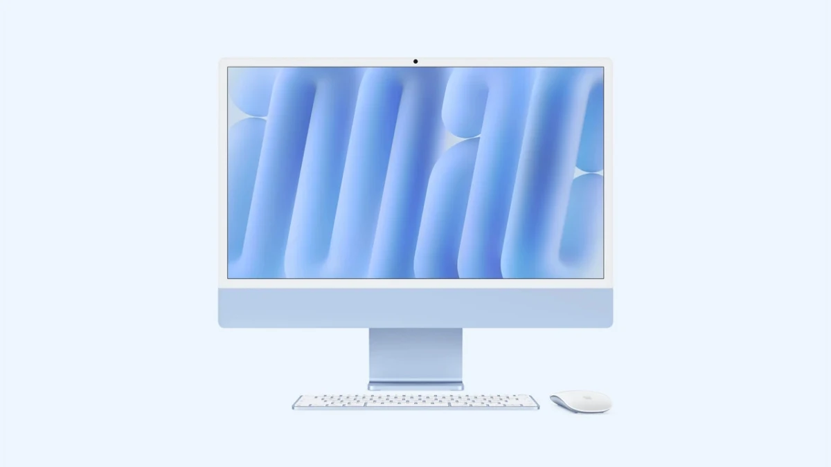 Açık mavi renkli iMac, klavye ve fare